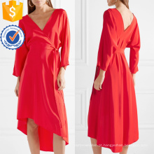 Assimétrica Hem V-Neck manga comprida Red Summer Wrap Dress Fabricação Atacado Moda Feminina Vestuário (TA0305D)